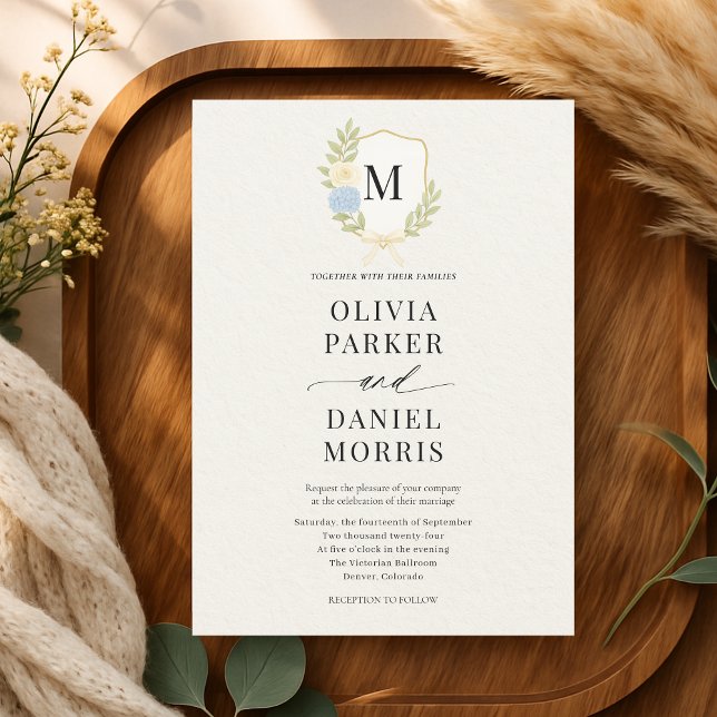 Invitación de boda con monograma de cresta floral  (Subido por el creador)