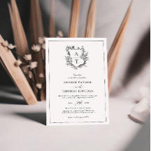 Invitación de boda con monograma de cresta floral 
