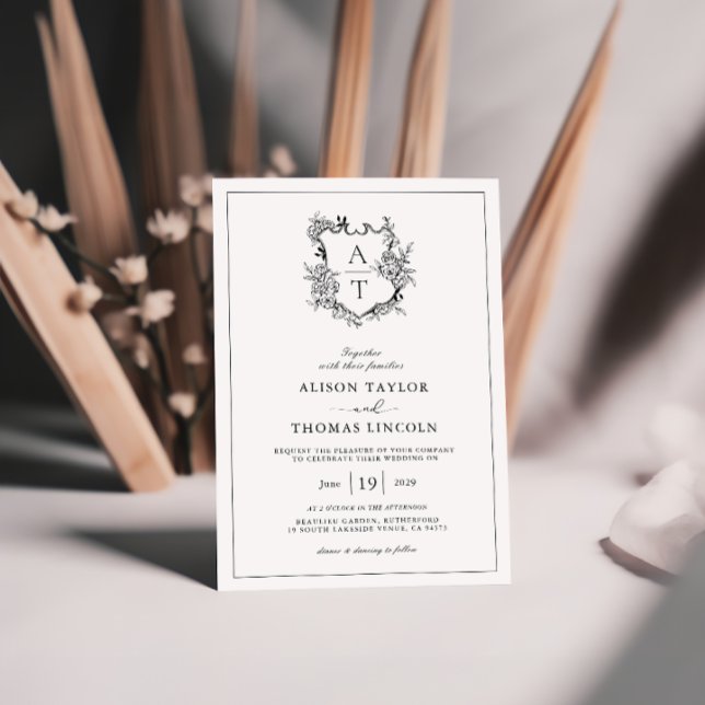 Invitación de boda con monograma de cresta floral  (Subido por el creador)