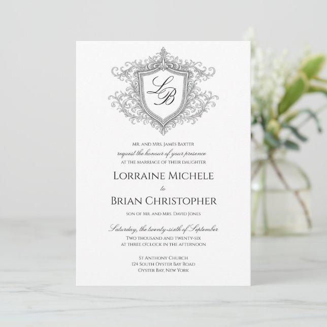 Invitación de boda con monograma de cresta floread (Anverso de pie)
