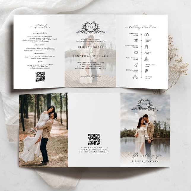 Invitación de Boda con Monograma de Cresta Minimal (Modern Minimalist Crest monogram tri fold photo Wedding Invite / announcement with QR code timeline)
