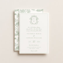 Invitación de boda con monograma de cresta verde s
