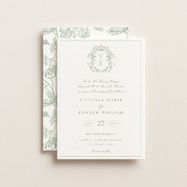 Invitación de boda con monograma de cresta verde s