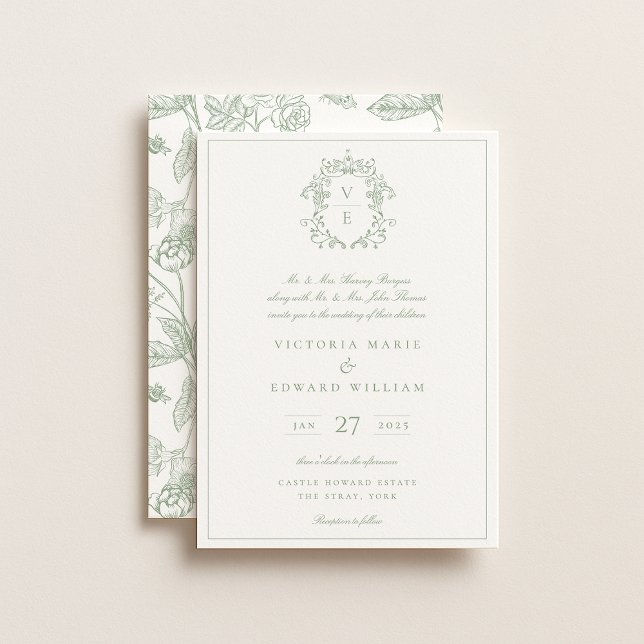 Invitación de boda con monograma de cresta verde s (Subido por el creador)