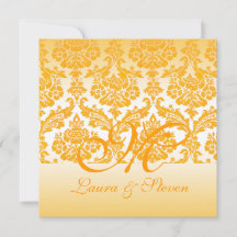 invitación de boda con monograma de damasco amaril