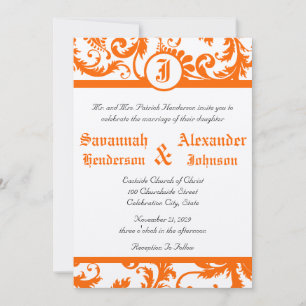 Invitación de boda con monograma de Damasco naranj