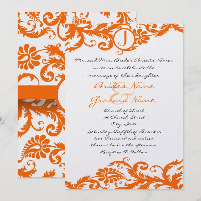 Invitación de boda con monograma de Damasco naranj (Anverso / Reverso)
