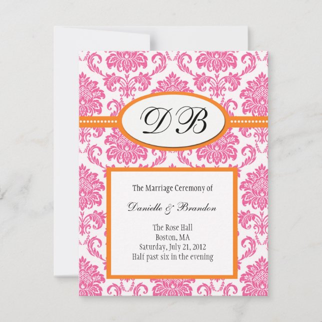 Invitación de boda con monograma de damasco rosa y (Anverso)