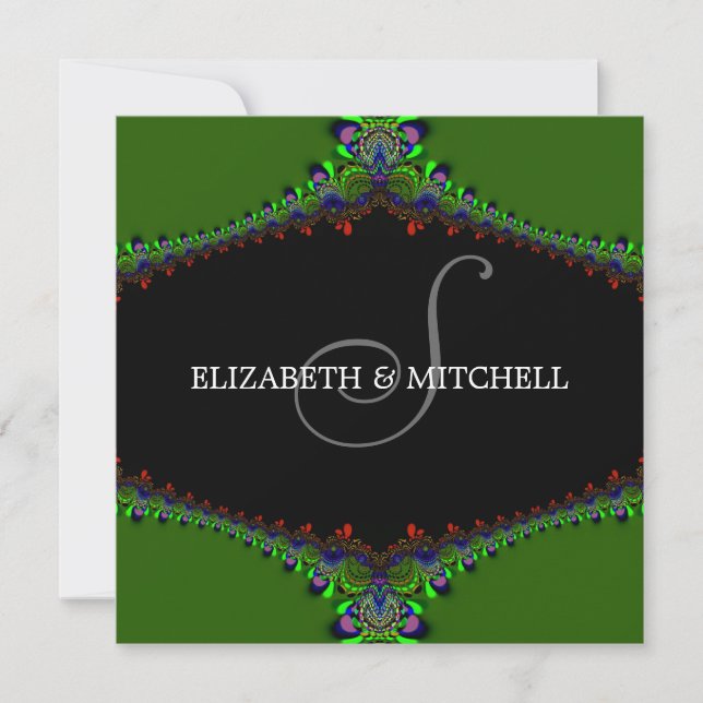 Invitación de boda con monograma de encaje fractal (Anverso)