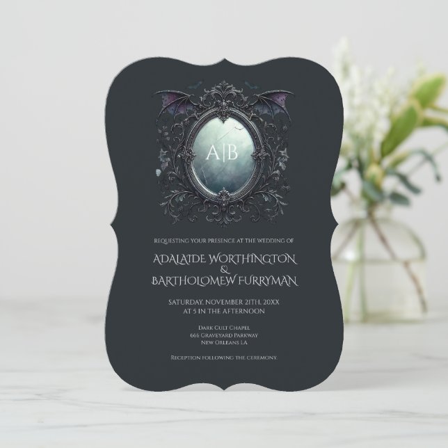 Invitación de boda con monograma de espejo gótico (Anverso de pie)