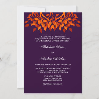 Invitación de boda con monograma de hojas de otoño