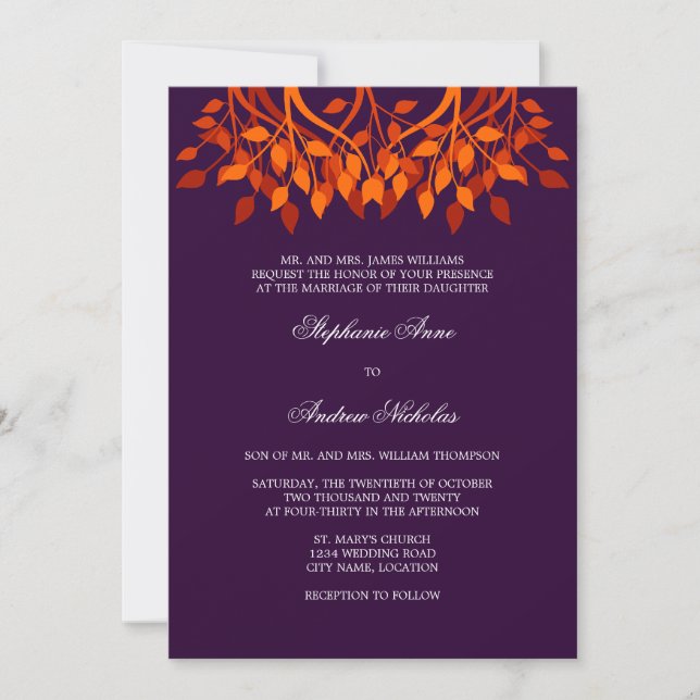 Invitación de boda con monograma de hojas de otoño (Anverso)