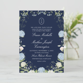 Invitación de boda con monograma de hortensia azul