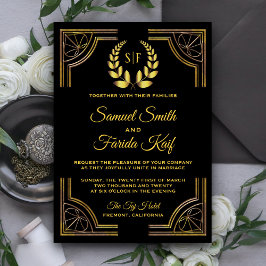 Invitación de boda con monograma de laurel de oro