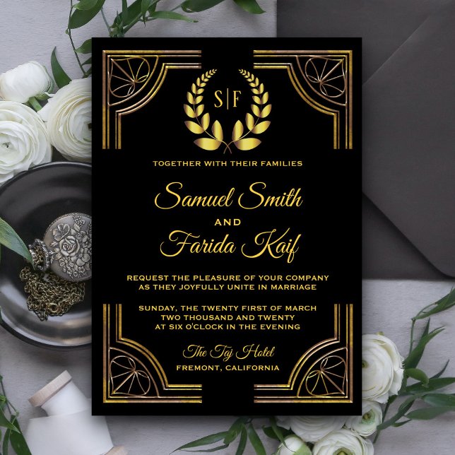 Invitación de boda con monograma de laurel de oro  (Subido por el creador)