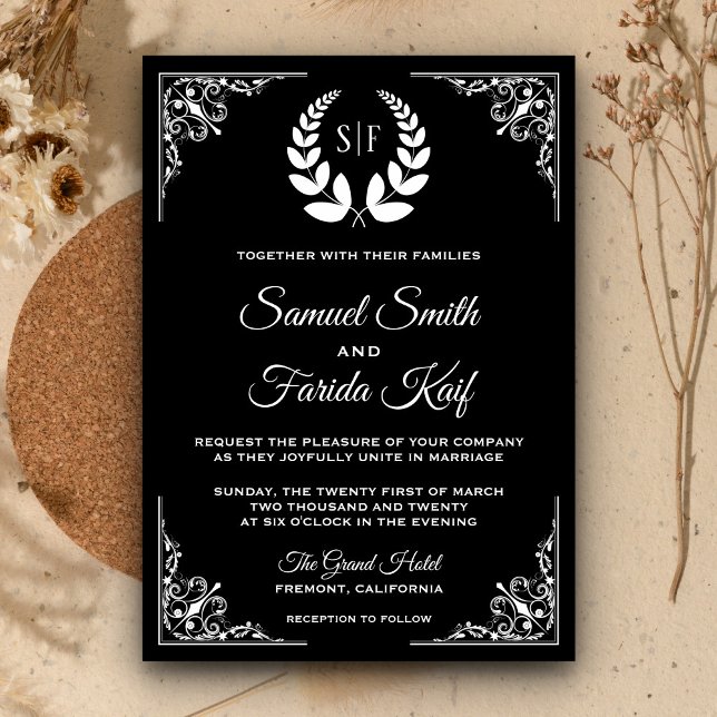 Invitación de boda con monograma de laurel en blan (Subido por el creador)
