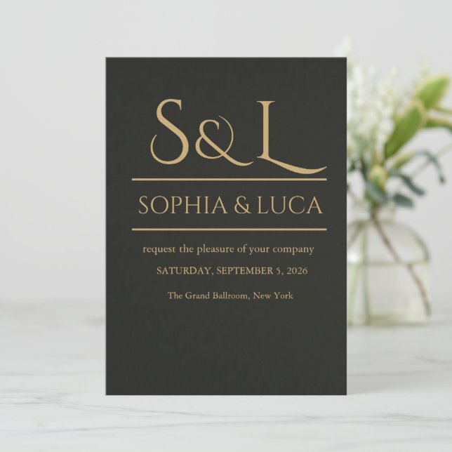 Invitación de Boda con Monograma de Lujo Oscuro (Anverso de pie)