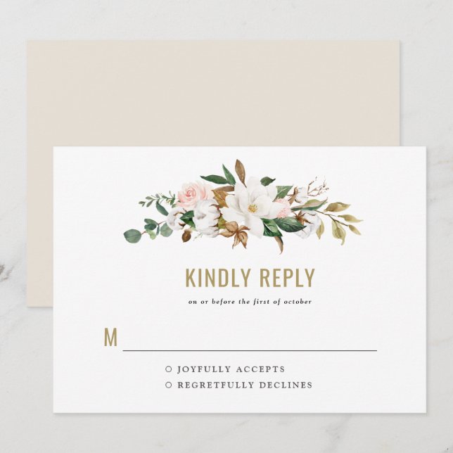 Invitación de boda con monograma de magnolia en ac (Anverso / Reverso)