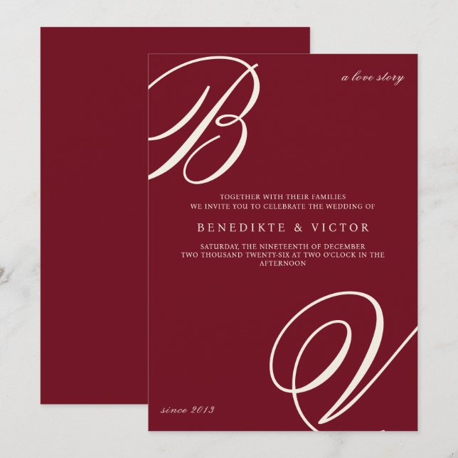 Invitación de boda con monograma de marfil de Borg (Anverso / Reverso)