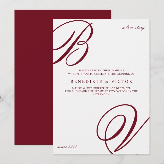 Invitación de boda con monograma de marfil de Borg (Anverso / Reverso)