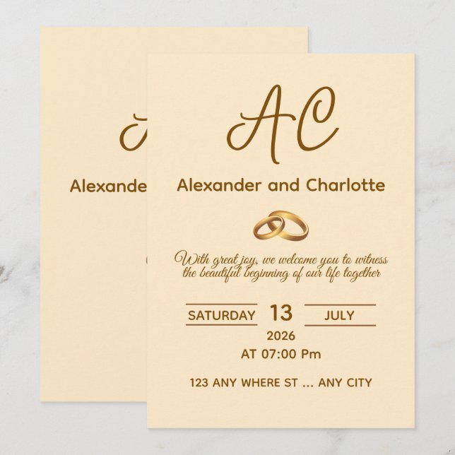 Invitación de boda con monograma de oro (Anverso / Reverso)