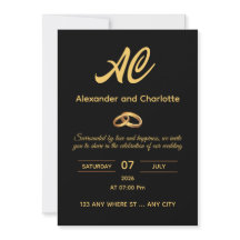 Invitación de boda con monograma de oro negro
