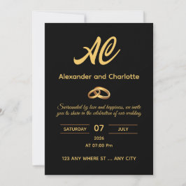 Invitación de boda con monograma de oro negro