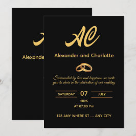 Invitación de boda con monograma de oro negro
