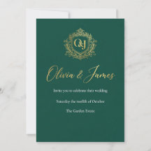 Invitación de Boda con Monograma de Oro y Verde Es