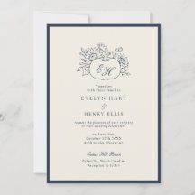 Invitación de boda con monograma de otoño en azul 