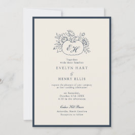 Invitación de boda con monograma de otoño en azul