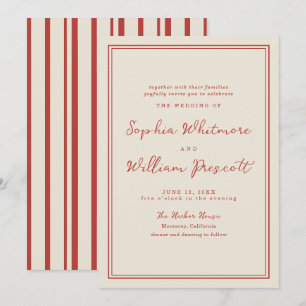 Invitación de boda con monograma de rayas rojas to