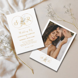 Invitación de boda con monograma dorado y foto ele