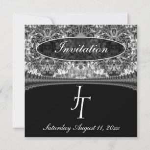 Invitación de boda con monograma en damasco negro 