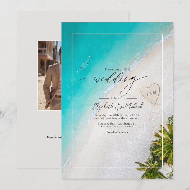 Invitación de Boda con Monograma en Playa Tropical (Anverso / Reverso)