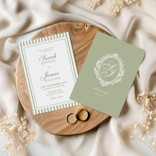 Invitación de boda con monograma en verde salvia e