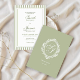 Invitación de boda con monograma en verde salvia e