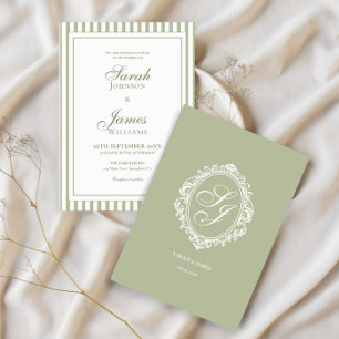 Invitación de boda con monograma en verde salvia e