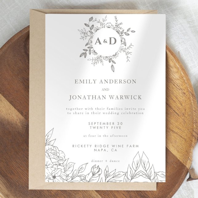 Invitación de boda con monograma floral gris minim (Subido por el creador)