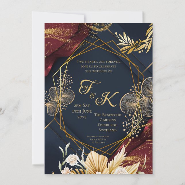 Invitación de boda con monograma floral oscuro | A (Anverso)