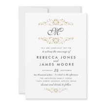 Invitación de boda con monograma floritura de oro