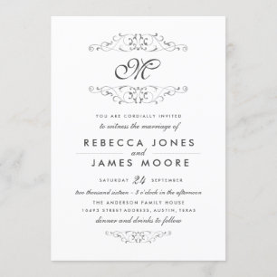 Invitación de boda con monograma floritura de plat