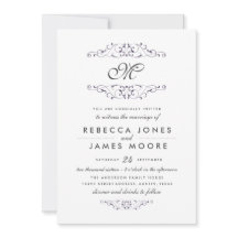 Invitación de boda con monograma floritura púrpura