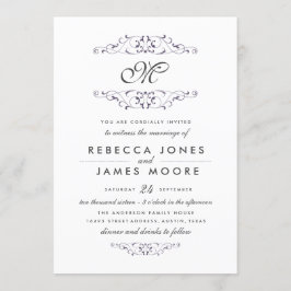 Invitación de boda con monograma floritura púrpura