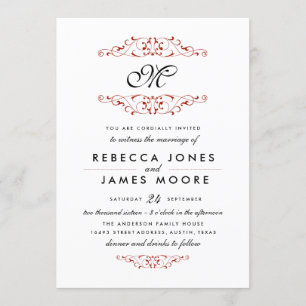 Invitación de boda con monograma floritura roja an