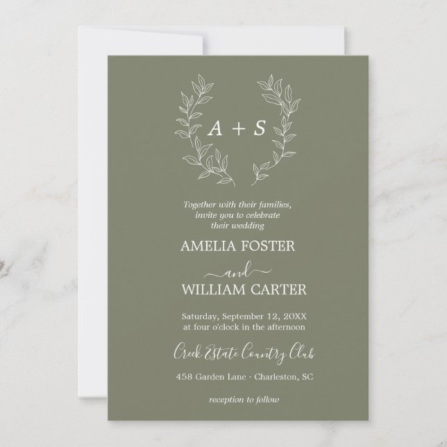 Invitación de boda con monograma formal de hoja mi (Anverso)