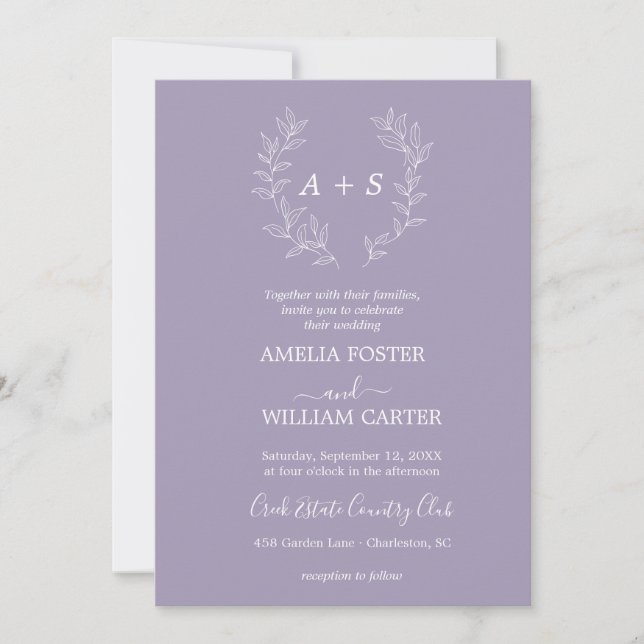 Invitación de boda con monograma formal de hoja mi (Anverso)
