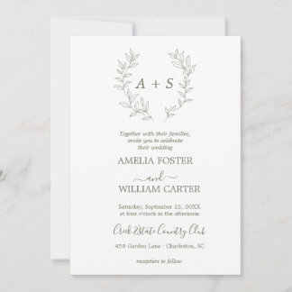 Invitación de boda con monograma formal de hoja mi
