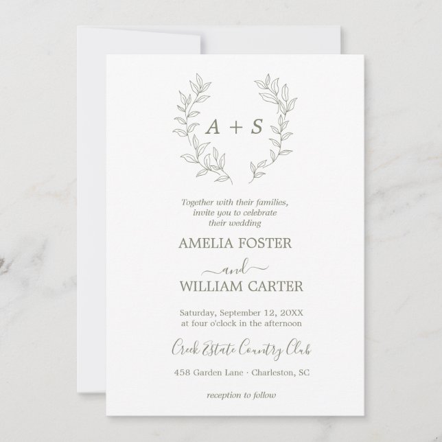 Invitación de boda con monograma formal de hoja mi (Anverso)