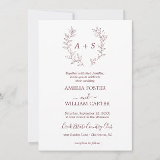 Invitación de boda con monograma formal de hoja mi